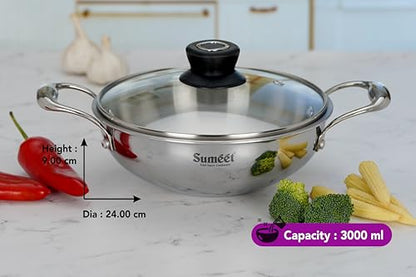 Sumeet Cook Smart TriPly Stainless Steel Induction Base Deep Kadai with Glass Lid - 3 LTR - 24Cm, Pack of 1, Silver