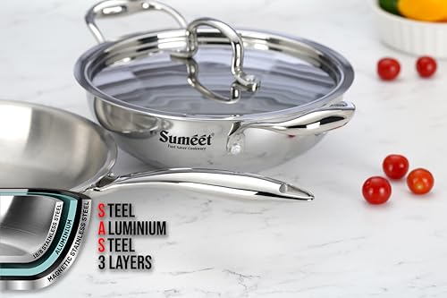 Sumeet Cook Smart TriPly Stainless Steel 3Pc Induction Base Cookware Set of Deep Kadai - 20cm - 1.7L, Frypan - 20Cm - 1 LTR & Steel Lid, Pack of 3, Silver