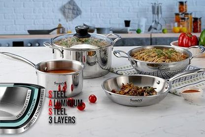 Sumeet Cook Smart TriPly Stainless Steel 5Pc Induction Base Cookware Set of Deep Kadai - 20cm - 1.7L, Frypan - 20Cm - 1 LTR, Saucepan - 14Cm, Casserole - 20cm - 2.9Ltr & Glass Lid, Pack of 5 - Silver