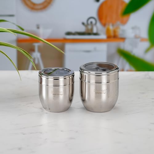 Sumeet Stainless Steel Conical Shape Canisters/Dabba/Storage Containers for Kitchen with See Through Lid, Set of 2 Pcs, (400ml-8.5cm Dia-1Pc & 500ml-9cm Dia-1Pc), Silver