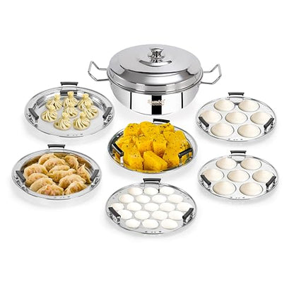 Sumeet ISI Certified Stainless Steel Induction Bottom Heavy Multi Kadai with 6 Plates - 2 Idli, 2 Dhokla/Patra, 1 Momo/Modak/Steamer, 1 Mini Idli Plate - 28cm, 4.7Ltr, Silver