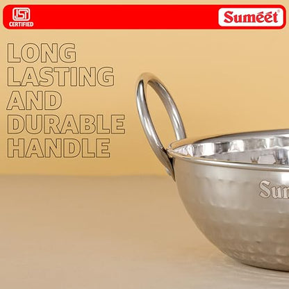Sumeet ISI Certified Stainless Steel Induction and Gas Stove Friendly, Small Size, Hammered Design Kadai Set of 3Pc, 350ml, 550ml, 750ml, Silver