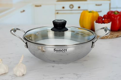 Sumeet Cook Smart TriPly Stainless Steel Induction Base Deep Kadai with Glass Lid - 3.5 LTR - 26Cm, Pack of 1, Silver