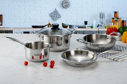 Sumeet Cook Smart TriPly Stainless Steel 5Pc Induction Base Cookware Set of Deep Kadai - 20cm - 1.7L, Frypan - 20Cm - 1 LTR, Saucepan - 14Cm, Casserole - 20cm - 2.9Ltr & Glass Lid, Pack of 5 - Silver