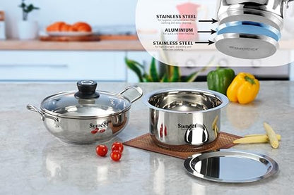 Sumeet Stainless Steel Induction Bottom Gas Stove & Induction Friendly 4PC Cookware Set, Kadai - 1500ml / 20cm, Tope 1700ml / 20cm, with 1Glass Lid &1 Steel Lid, Pack of 4, Silver