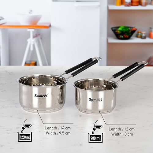 Sumeet Stainless Steel Induction Bottom Gas Stove & Induction Friendly Saucepan/Milk Pan/Tea Pan Set of 2 Pcs with Rivited Bacelite Wire Handle, 900ml & 1250ml / 12 & 14cm Dia, Silver