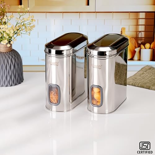 Sumeet ISI Certified Stainless Steel Capsul Canister/Container for Kitchen Storage with See Through Window - Set of 2 Pcs - 2600ml, Silver