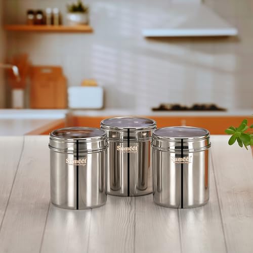 Sumeet Stainless Steel Small Containers/Jars/Dabba for Kitchen Storage with See Through Lids - set of 3Pcs, 750ml capacity each, 9cm Dia, Silver