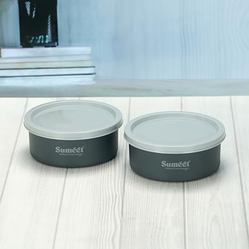 Sumeet Microwave Safe Stainless Steel Air Tight & Leak Proof Lunch Boxes/Storage Containers with Lids for Kitchen/Office/School, 420ml, set of 2, Grey