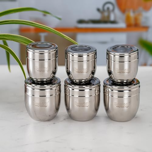 Sumeet Stainless Steel Conical Shape Canisters/Dabba/Storage Containers for Kitchen with See Through Lid, Set of 6 Pcs, (150ml-6cm Dia-3Pc & 250ml-7cm Dia-3Pc), Silver