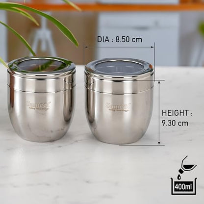 Sumeet Stainless Steel Conical Shape Canisters/Dabba/Storage Containers for Kitchen with See Through Lid, Set of 2 Pcs, 400ml Each, 8.5cm Dia, Silver