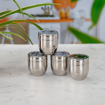 Sumeet Stainless Steel Conical Shape Canisters/Dabba/Storage Containers for Kitchen with See Through Lid, Set of 4 Pcs, 150ml Each, 6cm Dia, Silver