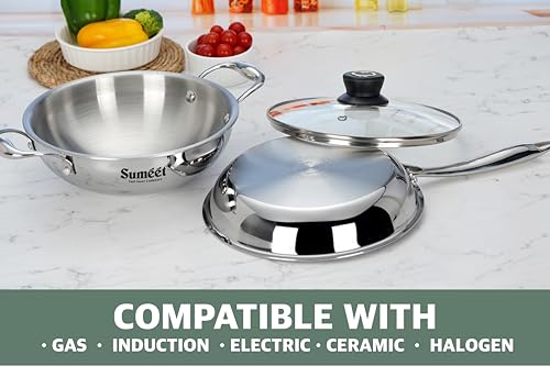 Sumeet Cook Smart TriPly Stainless Steel 3Pc Induction Base Cookware Set of Deep Kadai - 20cm - 1.7L, Frypan - 20Cm - 1 LTR & Glass Lid, Pack of 3, Silver