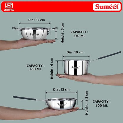 Sumeet Cook Smart ISI Certified Tri-Ply (Steel - Aluminium - Steel) Set of 3 Pcs Mini Kadhai - FryingTadka Pan- SauceTadka Pan 450ml with Silicon Grip | Induction & Gas Friendly | 2.5mm Thick, Silver
