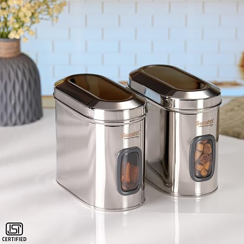 Sumeet ISI Certified Stainless Steel Capsul Canister/Container for Kitchen Storage with See Through Window - Set of 2 Pcs - 1850ml, Silver