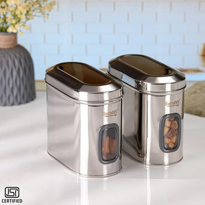 Sumeet ISI Certified Stainless Steel Capsul Canister/Container for Kitchen Storage with See Through Window - Set of 2 Pcs - 1850ml, Silver