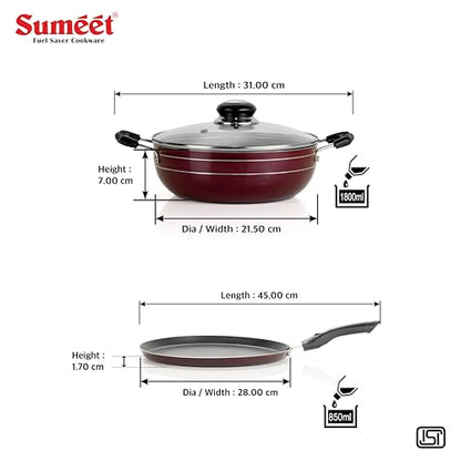 Sumeet Elegantia Induction Base Non Stick Aluminium Cookware Set of 3Pcs - Dosa Tawa 28cm / Deep Kadai with Glass Lid 21.5cm / 1800ml Capacity | Gas and Induction Friendly | Cherry