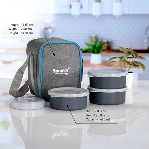 Sumeet EPULO Lunch Box Tiffin with Microwave Safe and Leak Proof 3 Inner Steel Containers + 1 Plastic Chutney/Pickel Container with BPA Free Air Tight Lids - 420ml & Insulated Fabric Bag, Grey