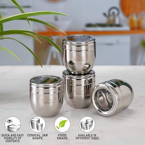 Sumeet Stainless Steel Conical Shape Canisters/Dabba/Storage Containers for Kitchen with See Through Lid, Set of 4 Pcs, 250ml Each, 7cm Dia, Silver