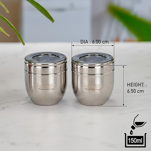 Sumeet Stainless Steel Conical Shape Canisters/Dabba/Storage Containers for Kitchen with See Through Lid, Set of 2 Pcs, 150ml Each, 6cm Dia, Silver