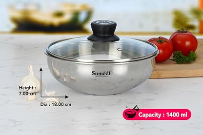 Sumeet Cook Smart TriPly Stainless Steel Induction Base Deep Tasra with Glass Lid - 1.4 LTR - 18Cm, Pack of 1, Silver