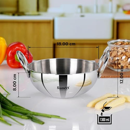 Sumeet ISI Certified Cook Smart TriPly Steel-Aluminium-Steel 3 Layer Round Bottom Kadai - 18cm, 1.350 LTR, Silver