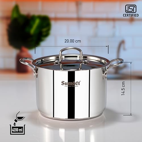 Sumeet ISI Certified Stainless Steel Casserole Handi/Stock Pot/Biryani Pot/Dutch Oven with Steel Lid - Even Heat, Cook-N-Serve, Gas and Induction Friendly, 20Cm, 4.2Ltr, Silver