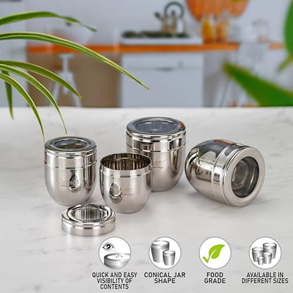 Sumeet Stainless Steel Conical Shape Canisters/Dabba/Storage Containers for Kitchen with See Through Lid, Set of 4 Pcs, (150ml-6cm Dia-2Pc & 250ml-7cm Dia-2Pc), Silver