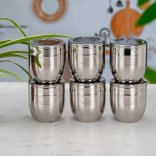 Sumeet Stainless Steel Conical Shape Canisters/Dabba/Storage Containers for Kitchen with See Through Lid, Set of 6 Pcs, 400ml Each, 8.5cm Dia, Silver