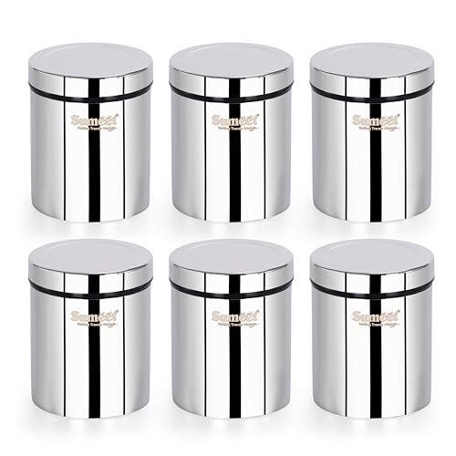 Sumeet ISI Certified Stainless Steel Air Tight Storage Container/Jar/Canister/Dabba with Threading Screw Cap for Kitchen - Pack of 6Pc, 8.3cm, 450ml, Silver