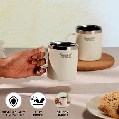Sumeet Stainless Steel Coloured Double Wall Tea/Milk/Coffee Mug Set of 2Pc - 300ml - Ivory