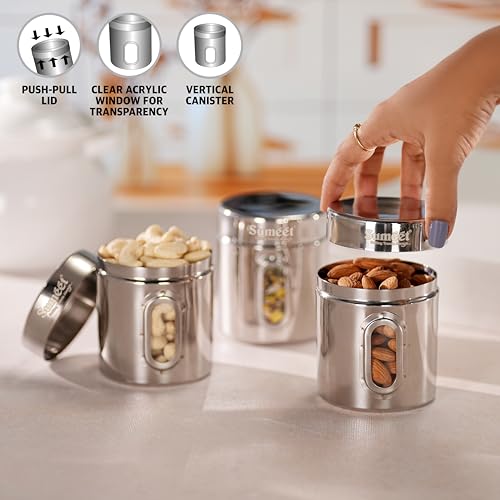 Sumeet Stainless Steel Small Containers/Jars/Dabba for Kitchen Storage with See Through Window - set of 3Pcs, 310ml capacity each, 7.3cm Dia, Silver