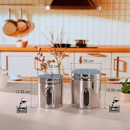 Sumeet Stainless Steel Small Containers/Jars/Dabba for Kitchen Storage with See Through Window - set of 6Pcs, 1100ml + 1820ml capacity, 11.5cm & 13.3cm Dia, Silver