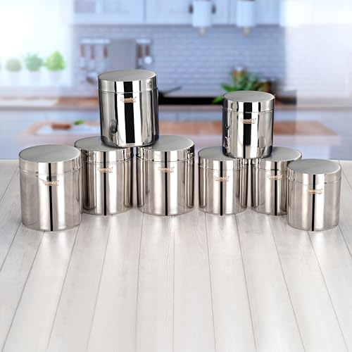 Sumeet Stainless Steel Containers/Jars/Dabba for Kitchen Storage with Lids - set of 8Pcs, 1250ml + 1800ml capacity, 11.5cm & 13.3cm Dia, Silver