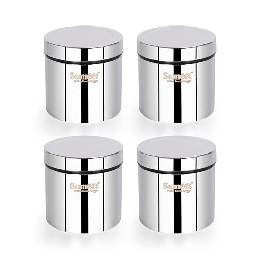 Sumeet ISI Certified Stainless Steel Air Tight Storage Container/Jar/Canister/Dabba with Threading Screw Cap for Kitchen - Pack of 4Pc, 8.3cm, 350ml, Silver