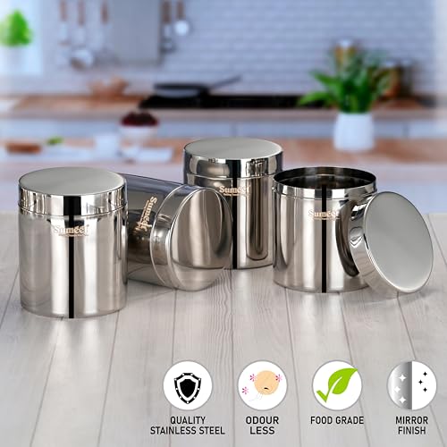 Sumeet Stainless Steel Containers/Jars/Dabba for Kitchen Storage with Lids - set of 4Pcs, 1250ml capacity, 11.5cm Dia, Silver