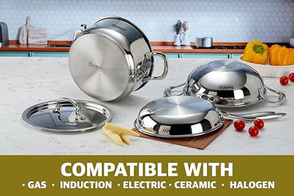 Sumeet Cook Smart TriPly Stainless Steel 4Pc Induction Base Cookware Set of Deep Kadai - 20cm - 1.7L, Frypan - 20Cm - 1 LTR, Casserole - 20cm - 2.9Ltr & Steel Lid, Pack of 4, Silver