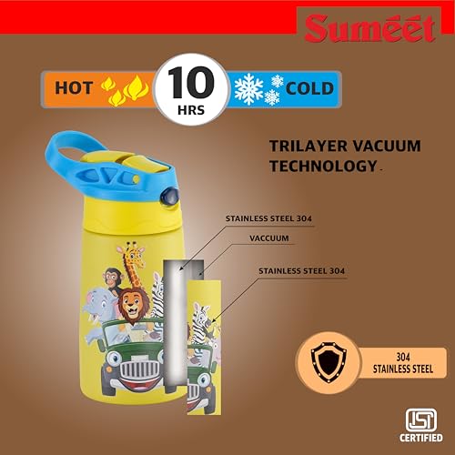 Sumeet ISI Certified Insulated Hot & Cold Stainless Steel, Leak Proof, Lightweight, Sipper Water Bottle for School Kids - SipZoo, 350ml - Yellow