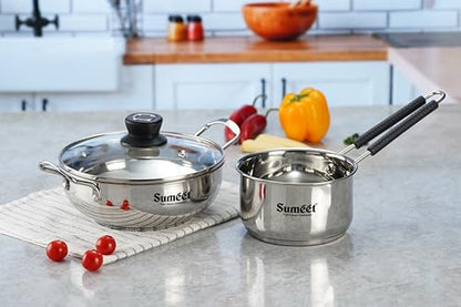 Sumeet Stainless Steel Induction Bottom Gas Stove & Induction Friendly 3PC Cookware Set, Kadai - 1500ml / 20cm, Saucepan 1250ml / 14cm with Glass Lid, Pack of 3, Silver