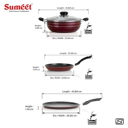 Sumeet Elegantia Induction Base Non Stick Aluminium Cookware Set of 3Pcs - Dosa Tawa 28cm / Deep Kadai with Glass Lid 21.5cm / 1800ml Capacity/Tapper Pan 22cm | Gas and Induction Friendly | Cherry