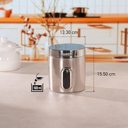 Sumeet Stainless Steel Small Containers/Jars/Dabba for Kitchen Storage with See Through Window - set of 3Pcs, 1820ml capacity each, 13.3cm Dia, Silver