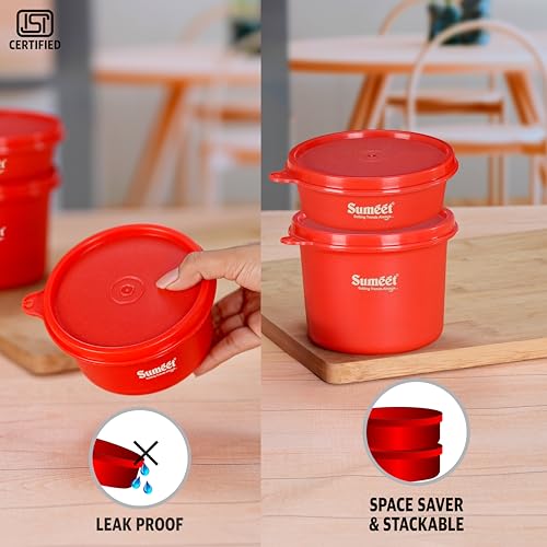 Sumeet ISI Certified Inside Steel Microwave Safe BPA Free Lunch Boxes/Storage Containers with Air Tight & Leak Proof Lid for Home/Office/School, 250ml & 500ml Set of 2, Red