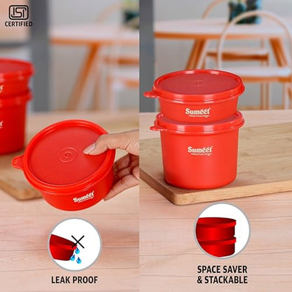 Sumeet ISI Certified Inside Steel Microwave Safe BPA Free Lunch Boxes/Storage Containers with Air Tight & Leak Proof Lid for Home/Office/School, 250ml & 500ml Set of 2, Red