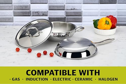 Sumeet Cook Smart TriPly Stainless Steel 3Pc Induction Base Cookware Set of Deep Kadai - 20cm - 1.7L, Frypan - 20Cm - 1 LTR & Steel Lid, Pack of 3, Silver