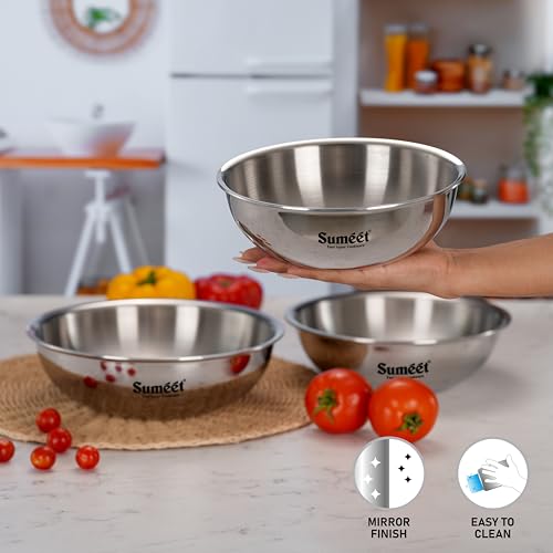 Sumeet Cook Smart TriPly SAS (Steel-Aluminium-Steel -3 Layers) Cookware Tasra Set of 3Pc 1.1Ltr, 1.75Ltr & 2.150Ltr / 2.5mm Thick/Deep Tasra/Kadhai for Induction Friendly Cooking - 5 Year Warranty