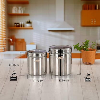 Sumeet Stainless Steel Containers/Jars/Dabba for Kitchen Storage with See Through Lids - set of 4Pcs, 1350ml + 2050ml capacity, 11.7cm & 13.5cm Dia, Silver