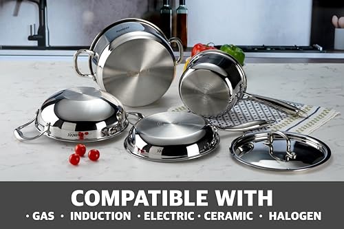 Sumeet Cook Smart TriPly Stainless Steel 5Pc Induction Base Cookware Set of Deep Kadai - 20cm - 1.7L, Frypan - 20Cm - 1 LTR, Saucepan - 14Cm, Casserole - 20cm - 2.9Ltr & Steel Lid, Pack of 5 - Silver