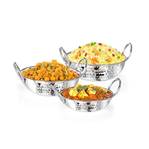 Sumeet ISI Certified Stainless Steel Induction and Gas Stove Friendly, Small Size, Hammered Design Kadai Set of 3Pc, 350ml, 550ml, 750ml, Silver