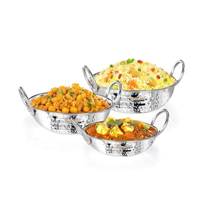 Sumeet ISI Certified Stainless Steel Induction and Gas Stove Friendly, Small Size, Hammered Design Kadai Set of 3Pc, 350ml, 550ml, 750ml, Silver