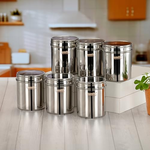 Sumeet Stainless Steel Small Containers/Jars/Dabba for Kitchen Storage with See Through Lids - set of 6Pcs, 400ml capacity each, 7.3cm Dia, Silver